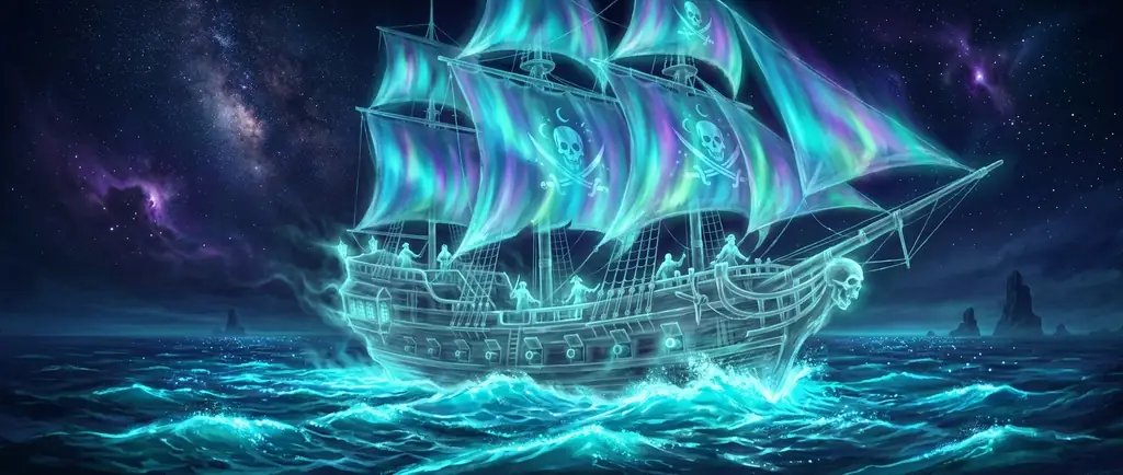 Ghostly Pirate Ship on Cyan Waves